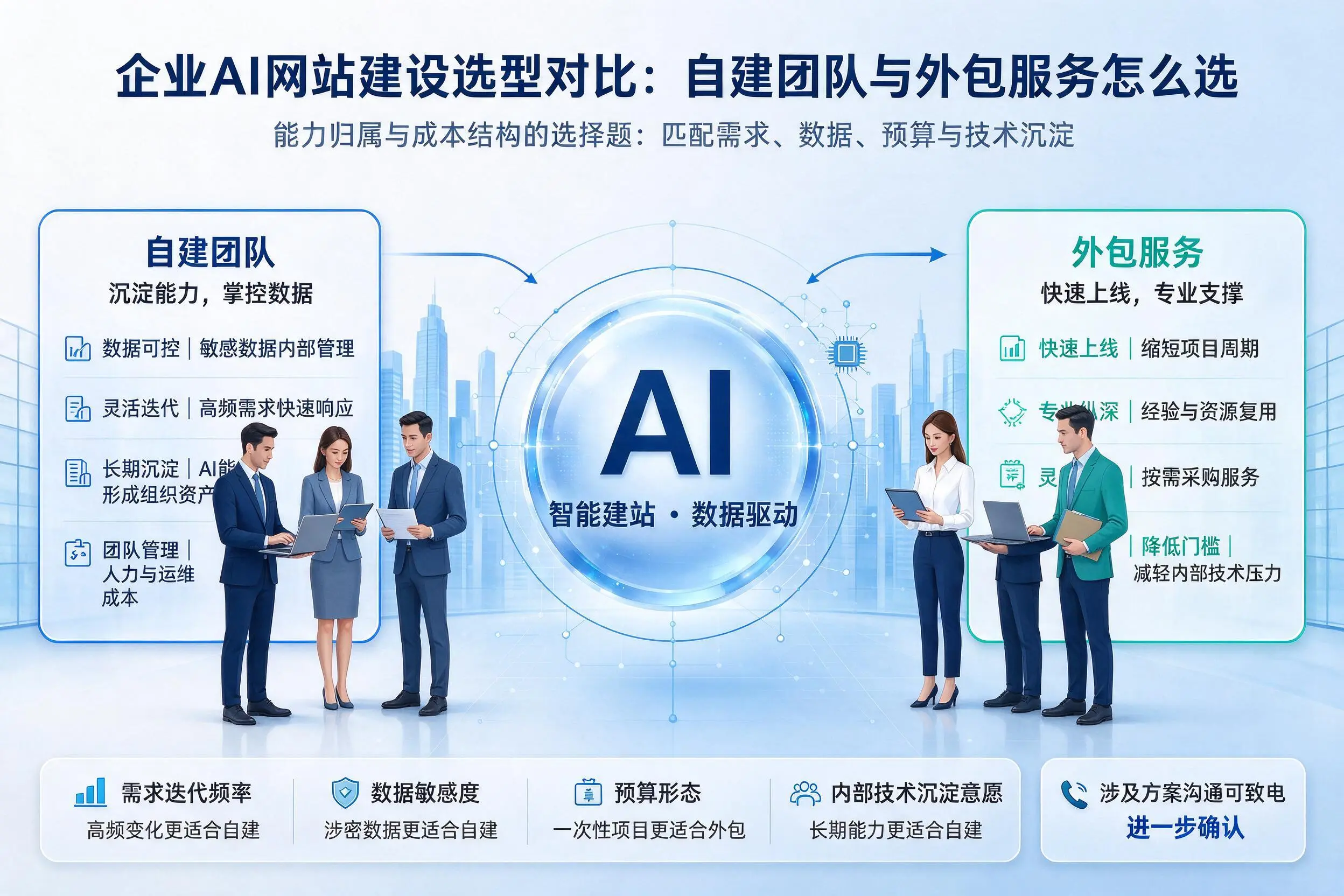 东营企业AI网站建设选型对比：自建团队与外包服务怎么选